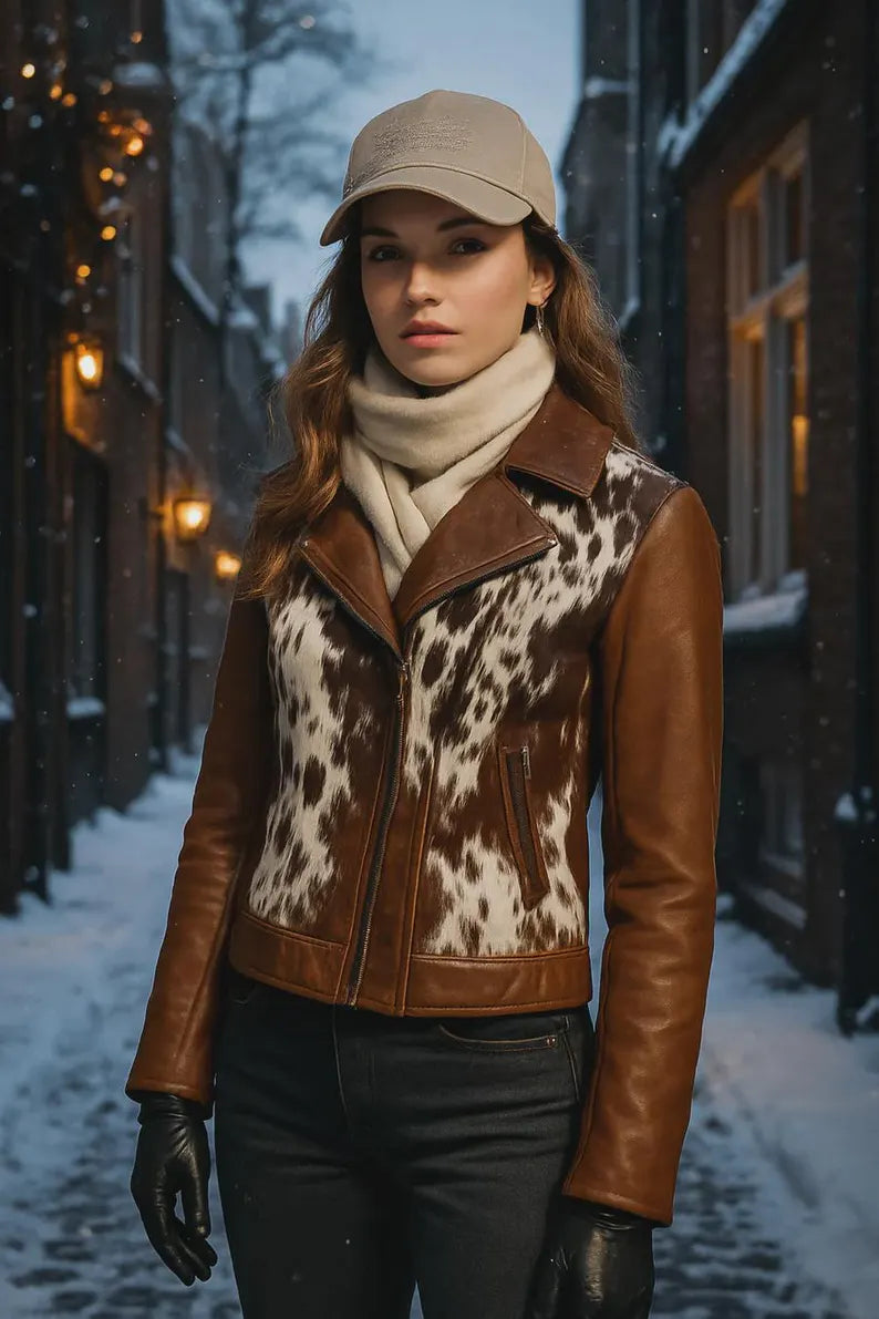 Womens Brown Cowhide Moto Leather Jacket - Cow Print Biker Jacket - Western Winter Leather Coat