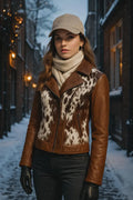 Womens Brown Cowhide Moto Leather Jacket - Cow Print Biker Jacket - Western Winter Leather Coat