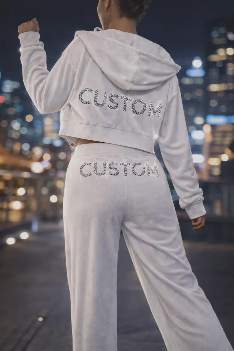 Women Y2K Velour Tracksuit Custom Bling Hoodie And Sweatpants