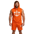 Anchor Gym Sleeveless Hoodie Shorts Set - 2 Piece Workout Set - Orange Anchor Barbell Edition
