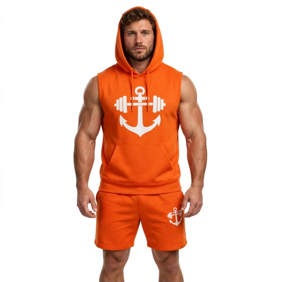 Anchor Gym Sleeveless Hoodie Shorts Set - 2 Piece Workout Set - Orange Anchor Barbell Edition