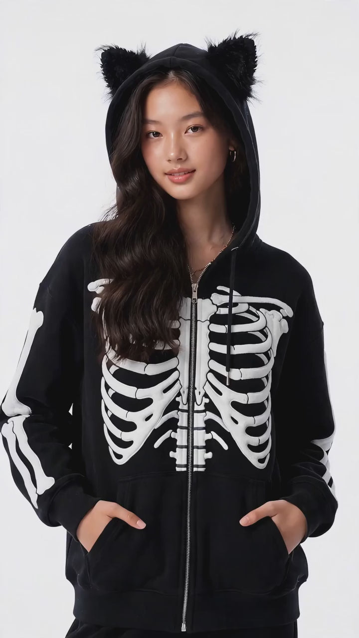 BONEZ Black Skeleton Cat Ear Zip-Up Hoodie - Y2K Goth Streetwear Oversized Hoodie with Bone Sleeves | Unisex