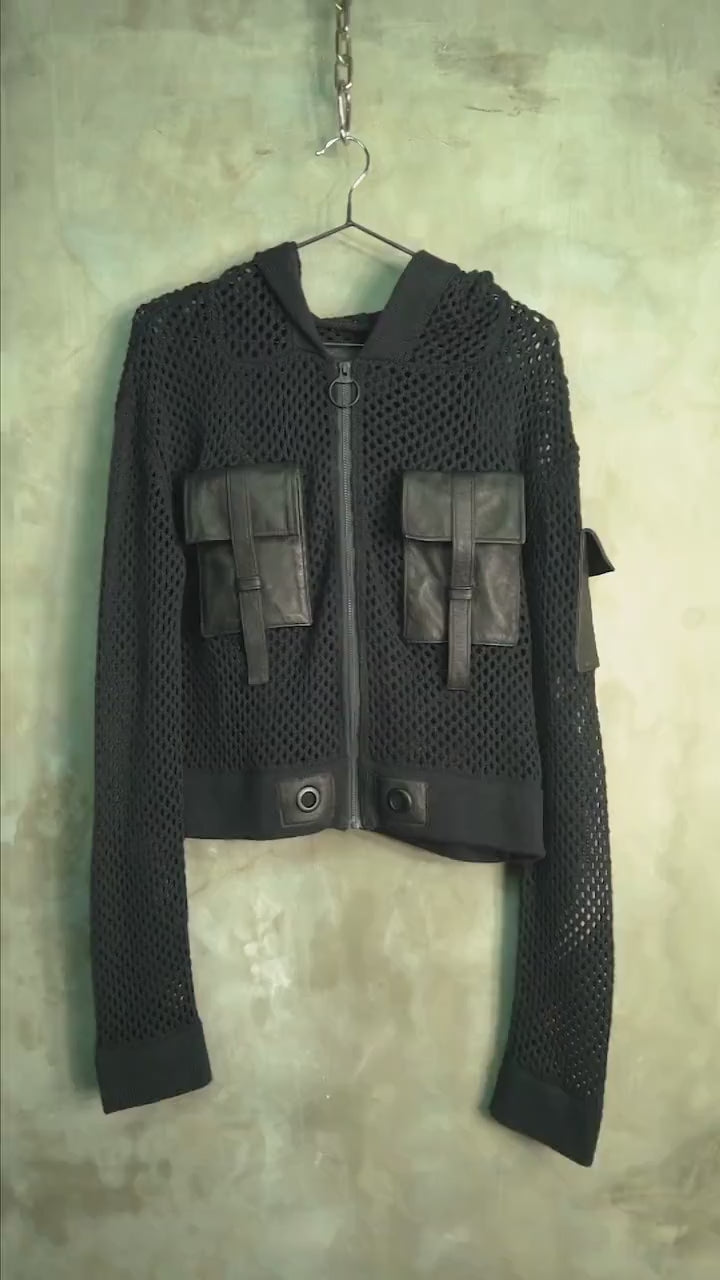 Rave Ready Fishnet Hoodie with Leather Tactical Tech pockets: clothing knitted mesh shirt jacket see through zip up hoodie sweatshirt